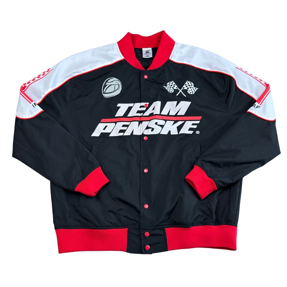 Team Penske IndyCar Racing Bomber Jacket Black Red White Snap Front Mens Small